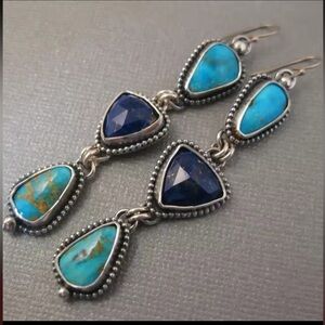 NEW Vintage Triangle Blue Green Stone Earrings Bohemian Steam Punk